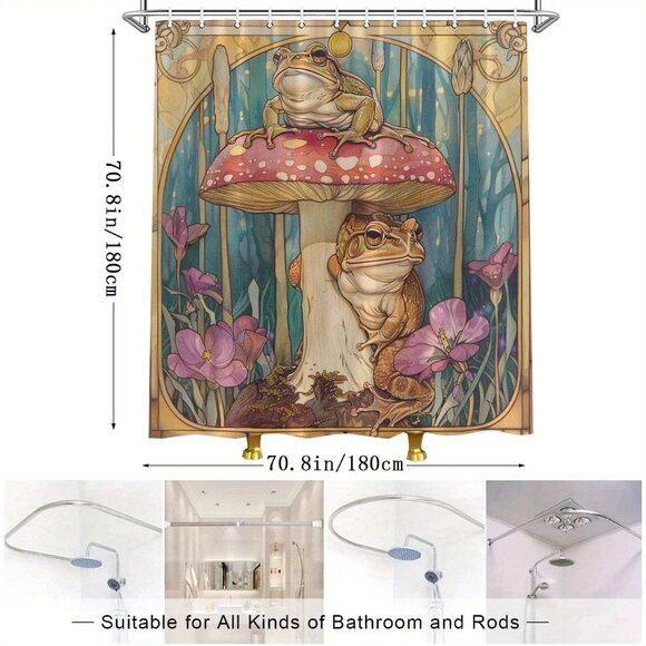 70" Shower Curtain Art Nouveau Frogs on Red Mushroom toadstool NWOT - Picture 3 of 3